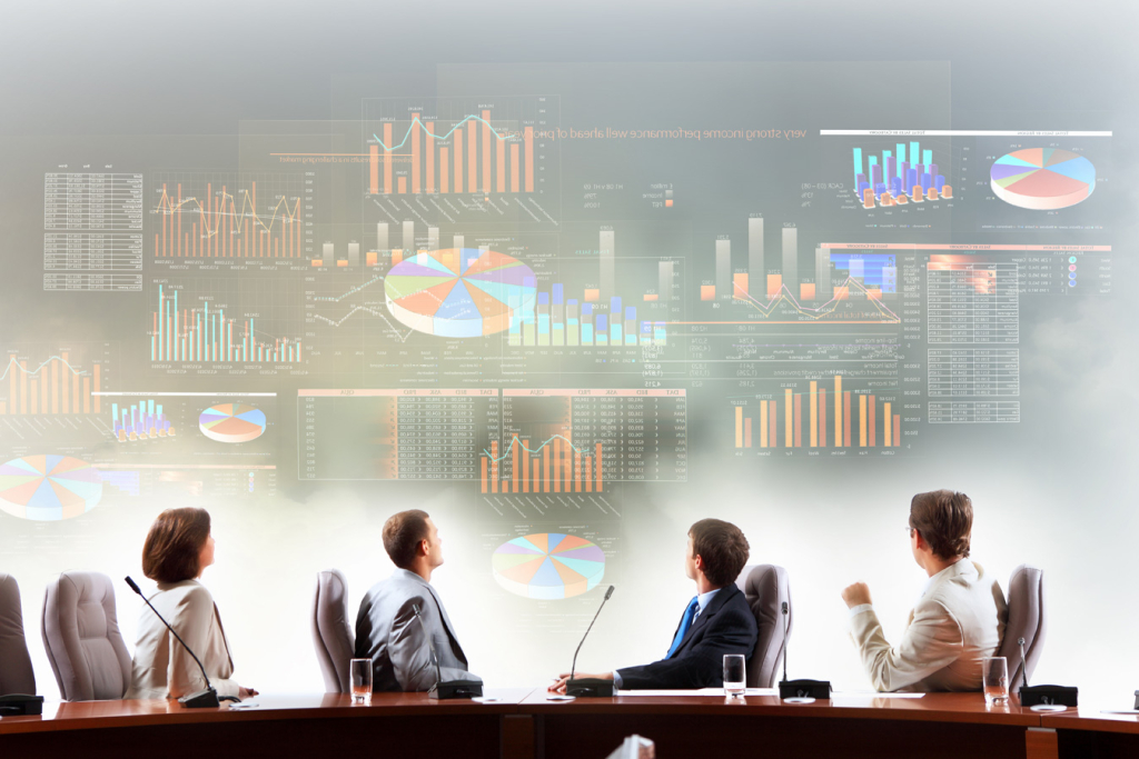 cloud computing with visual figures floating in air above meeting cloud computing with visual figures floating in air above meeting